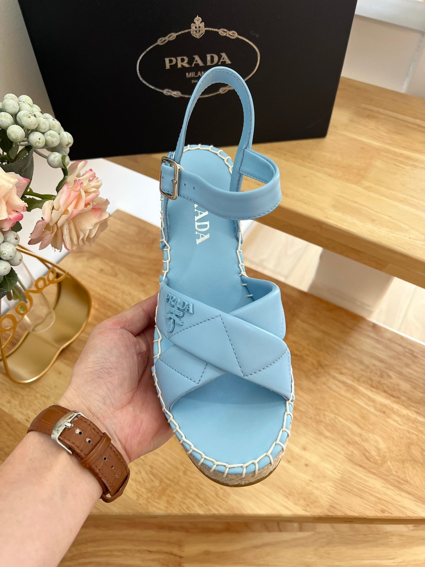 PRADA 26S CROSS STRAP ESPADRILLE WEDGE SANDALS IN SKY BLUE CALFSKIN