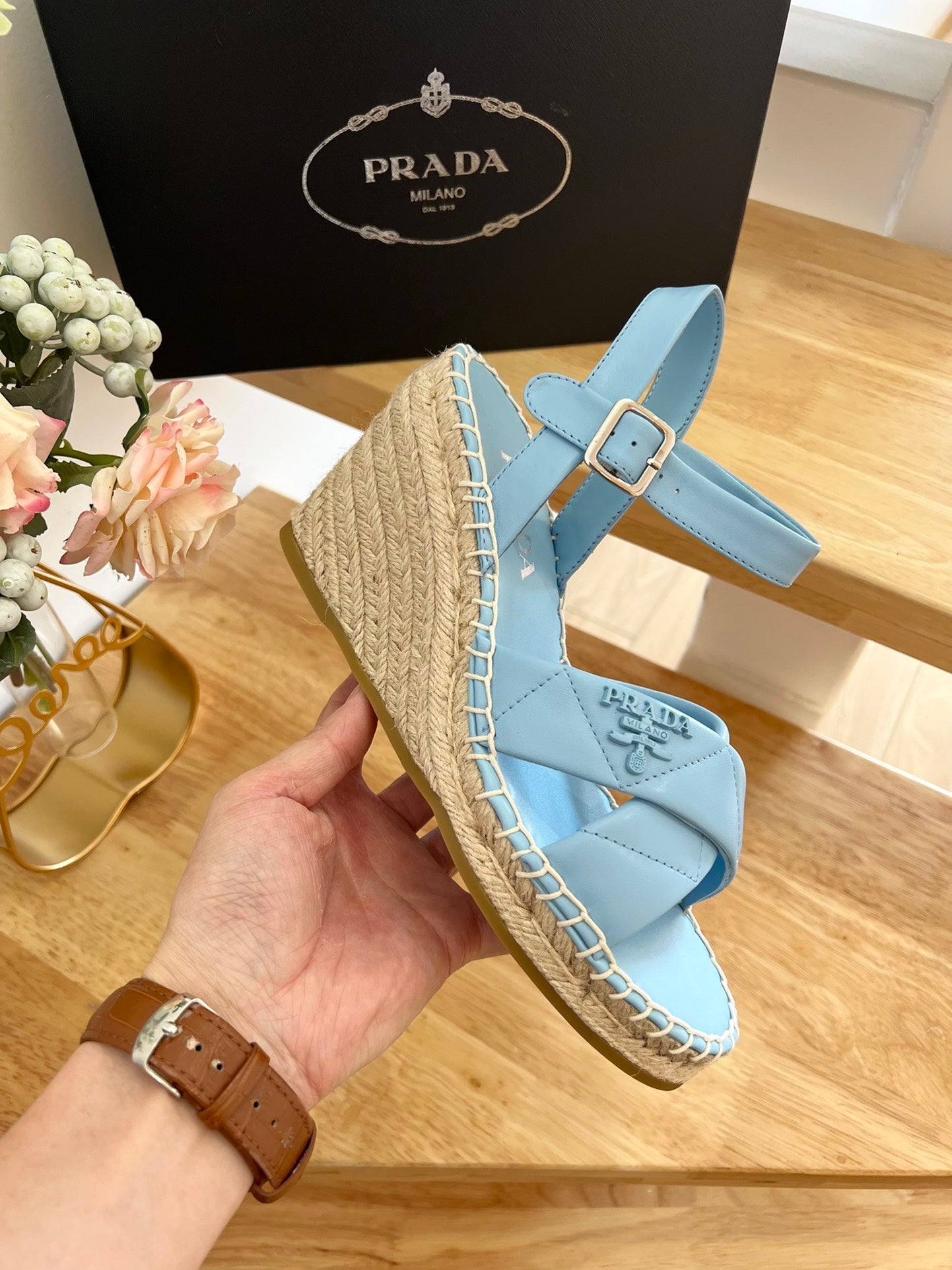 PRADA 26S CROSS STRAP ESPADRILLE WEDGE SANDALS IN SKY BLUE CALFSKIN