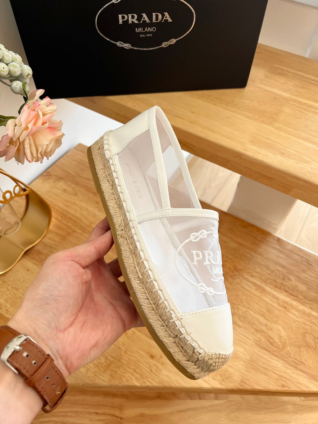 PRADA 26S EMBROIDERED LOGO ESPADRILLE FLATS IN IVORY WHITE MESH AND CALFSKIN