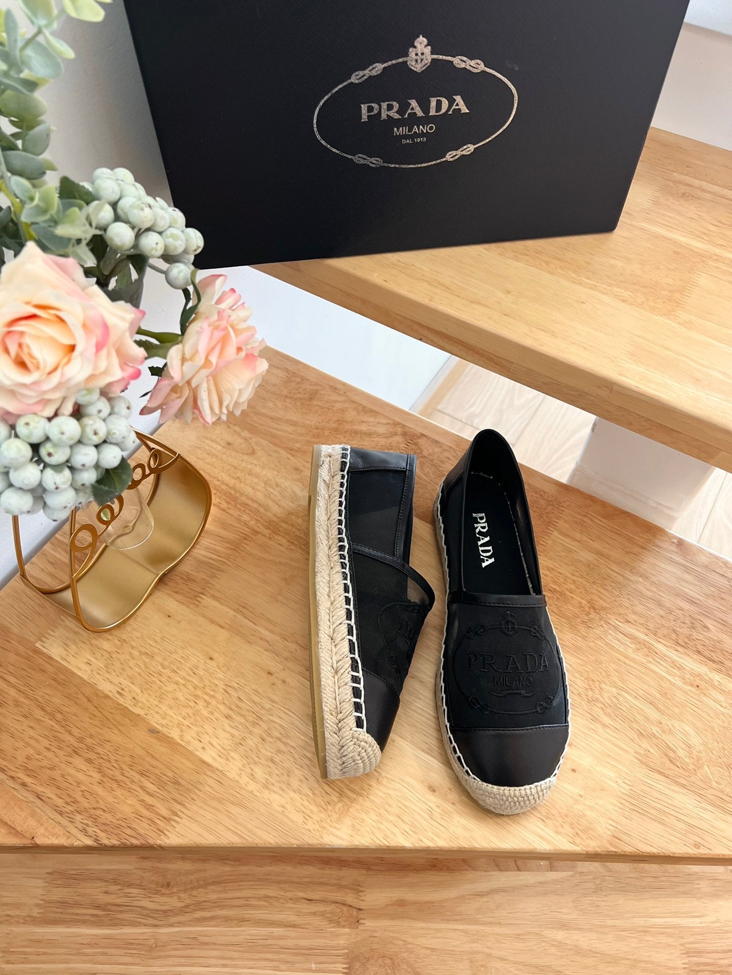 PRADA 26S EMBROIDERED LOGO ESPADRILLE FLATS IN BLACK MESH AND CALFSKIN