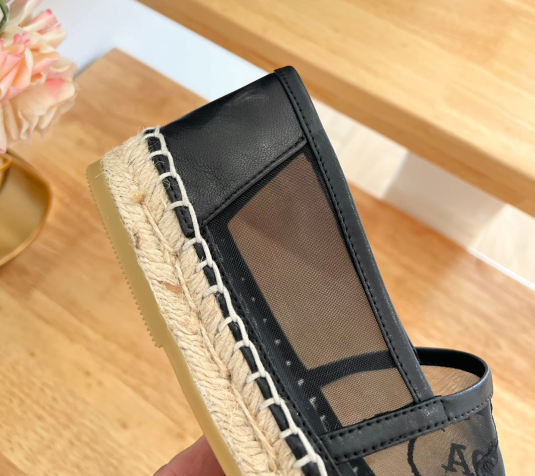 PRADA 26S EMBROIDERED LOGO ESPADRILLE FLATS IN BLACK MESH AND CALFSKIN