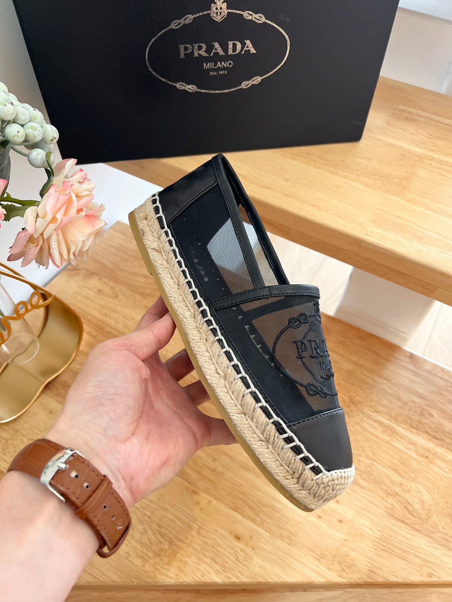 PRADA 26S EMBROIDERED LOGO ESPADRILLE FLATS IN BLACK MESH AND CALFSKIN