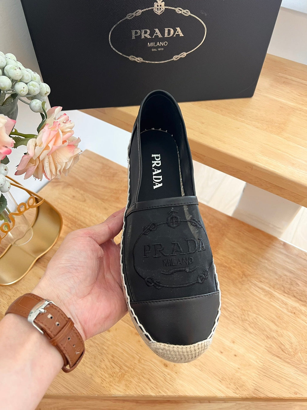 PRADA 26S EMBROIDERED LOGO ESPADRILLE FLATS IN BLACK MESH AND CALFSKIN