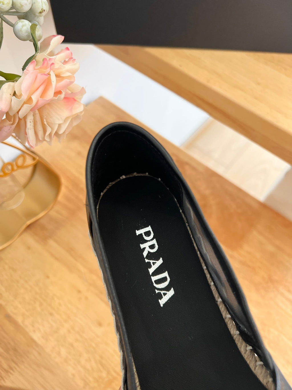 PRADA 26S EMBROIDERED LOGO ESPADRILLE FLATS IN BLACK MESH AND CALFSKIN