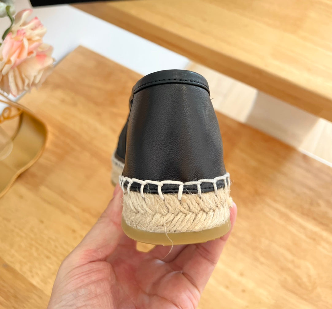 PRADA 26S EMBROIDERED LOGO ESPADRILLE FLATS IN BLACK MESH AND CALFSKIN