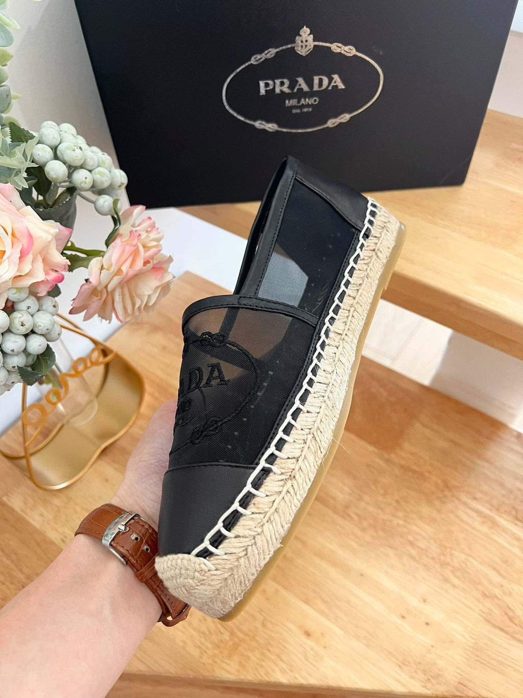 PRADA 26S EMBROIDERED LOGO ESPADRILLE FLATS IN BLACK MESH AND CALFSKIN