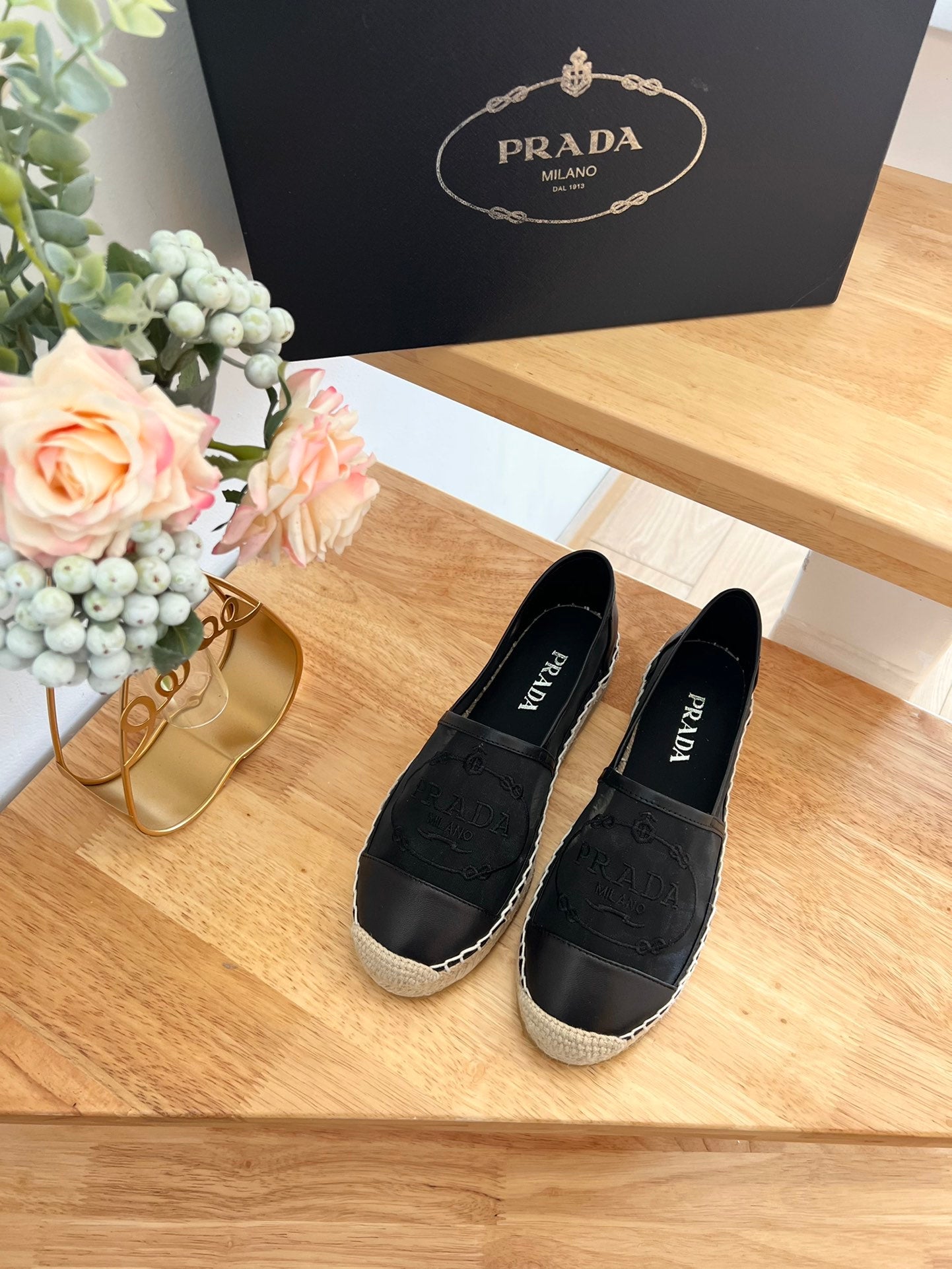 PRADA 26S EMBROIDERED LOGO ESPADRILLE FLATS IN BLACK MESH AND CALFSKIN