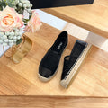 PRADA 26S EMBROIDERED LOGO ESPADRILLE FLATS IN BLACK MESH AND CALFSKIN