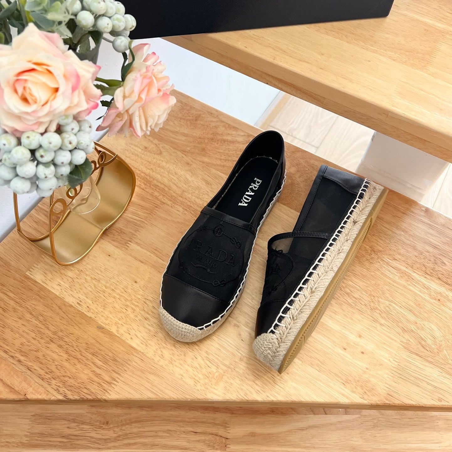 PRADA 26S EMBROIDERED LOGO ESPADRILLE FLATS IN BLACK MESH AND CALFSKIN