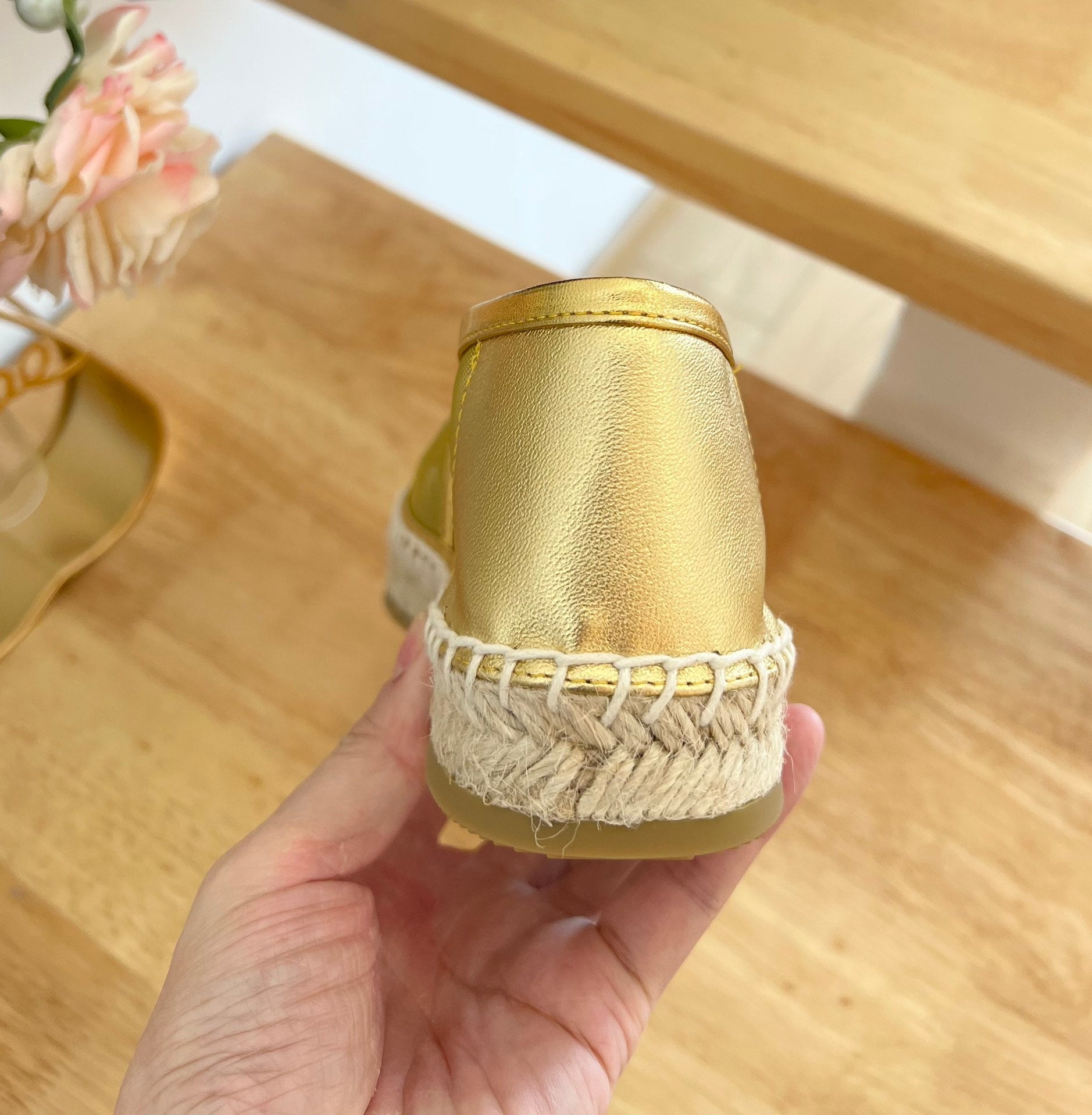 PRADA 26S EMBROIDERED LOGO ESPADRILLE FLATS IN GOLD MESH AND CALFSKIN
