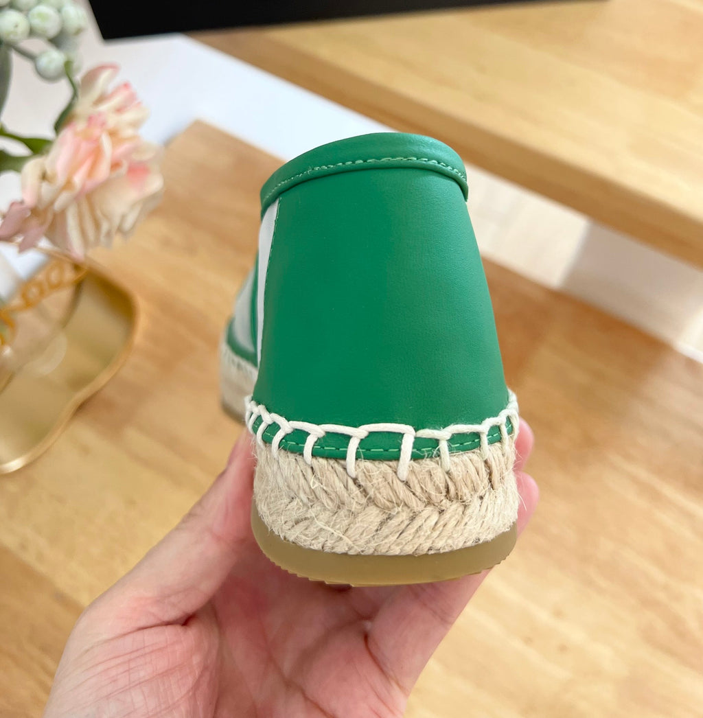 PRADA 26S EMBROIDERED LOGO ESPADRILLE FLATS IN GREEN MESH AND CALFSKIN