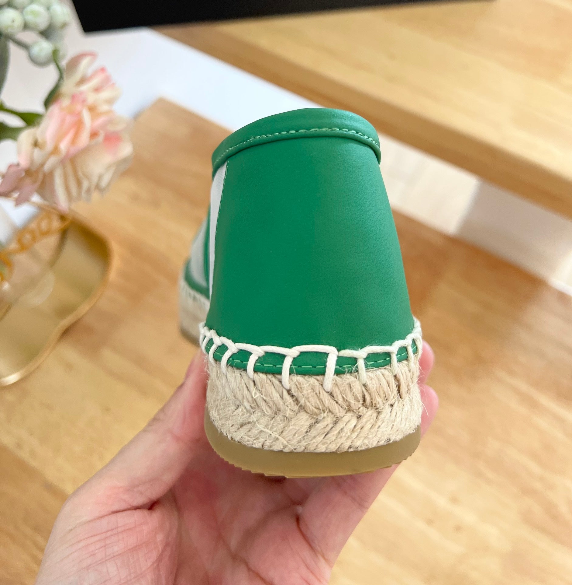 PRADA 26S EMBROIDERED LOGO ESPADRILLE FLATS IN GREEN MESH AND CALFSKIN