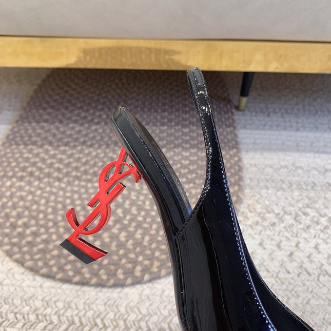 OPYUM RED HEEL SLINGBACK PUMPS IN BLACK GLOSSY CALFSKIN