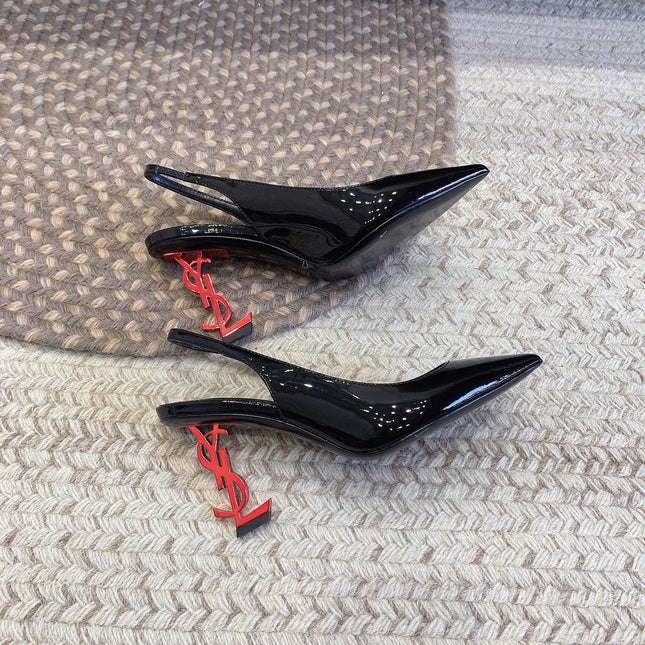 OPYUM RED HEEL SLINGBACK PUMPS IN BLACK GLOSSY CALFSKIN