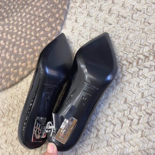 OPYUM SILVER HEEL PUMPS IN BLACK GLOSSY CALFSKIN