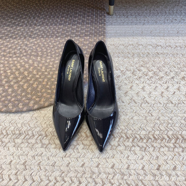 OPYUM SILVER HEEL PUMPS IN BLACK GLOSSY CALFSKIN