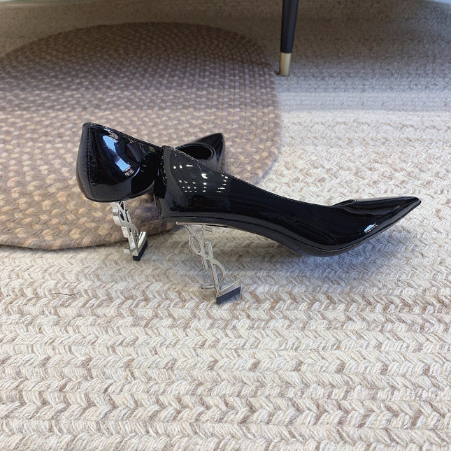 OPYUM SILVER HEEL PUMPS IN BLACK GLOSSY CALFSKIN