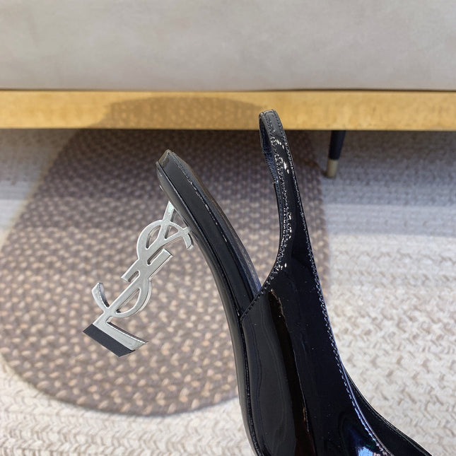 OPYUM SILVER HEEL SLINGBACK PUMPS IN BLACK GLOSSY CALFSKIN