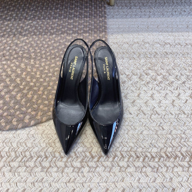 OPYUM SILVER HEEL SLINGBACK PUMPS IN BLACK GLOSSY CALFSKIN