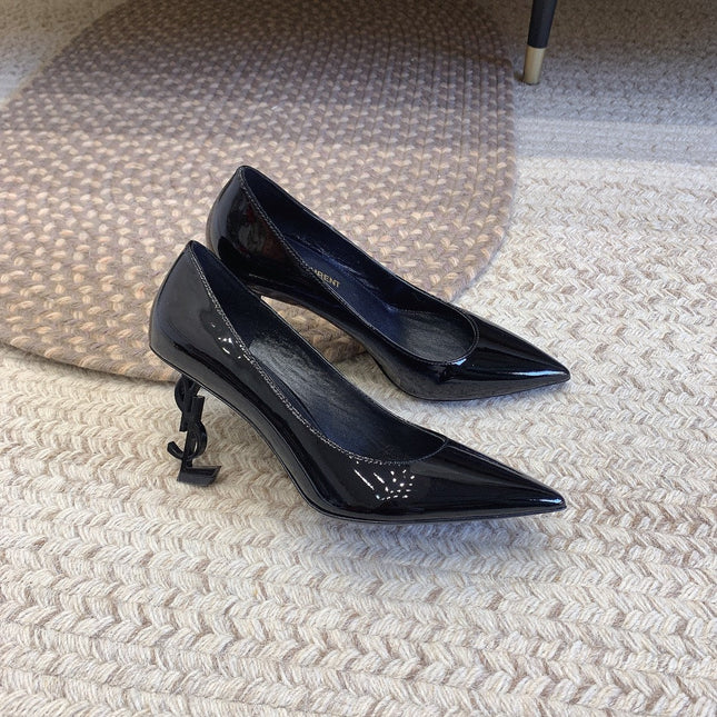 OPYUM BLACK HEEL PUMPS IN BLACK GLOSSY CALFSKIN