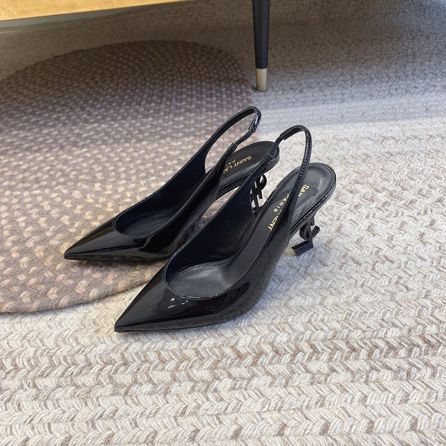 OPYUM BLACK HEEL SLINGBACK PUMPS IN BLACK GLOSSY CALFSKIN