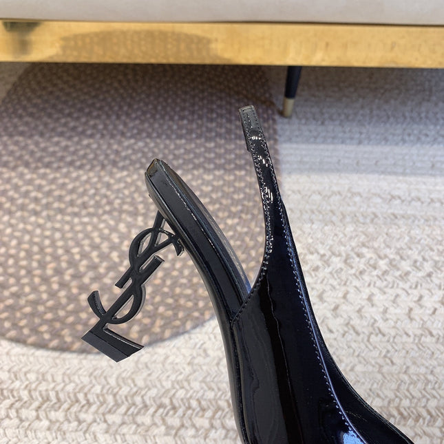 OPYUM BLACK HEEL SLINGBACK PUMPS IN BLACK GLOSSY CALFSKIN