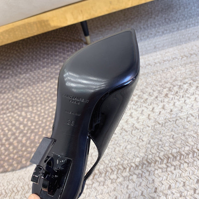 OPYUM BLACK HEEL SLINGBACK PUMPS IN BLACK GLOSSY CALFSKIN