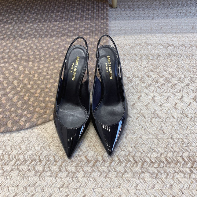 OPYUM GOLD HEEL SLINGBACK PUMPS IN BLACK GLOSSY CALFSKIN