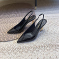 OPYUM GOLD HEEL SLINGBACK PUMPS IN BLACK GLOSSY CALFSKIN