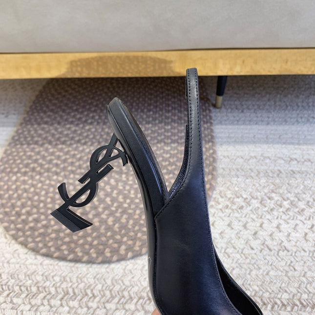OPYUM BLACK HEEL SLINGBACK PUMPS IN BLACK SMOOTH LAMBSKIN