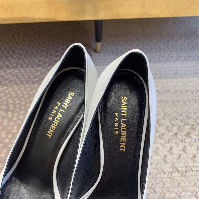 OPYUM BLACK HEEL PUMPS IN WHITE SMOOTH LAMBSKIN