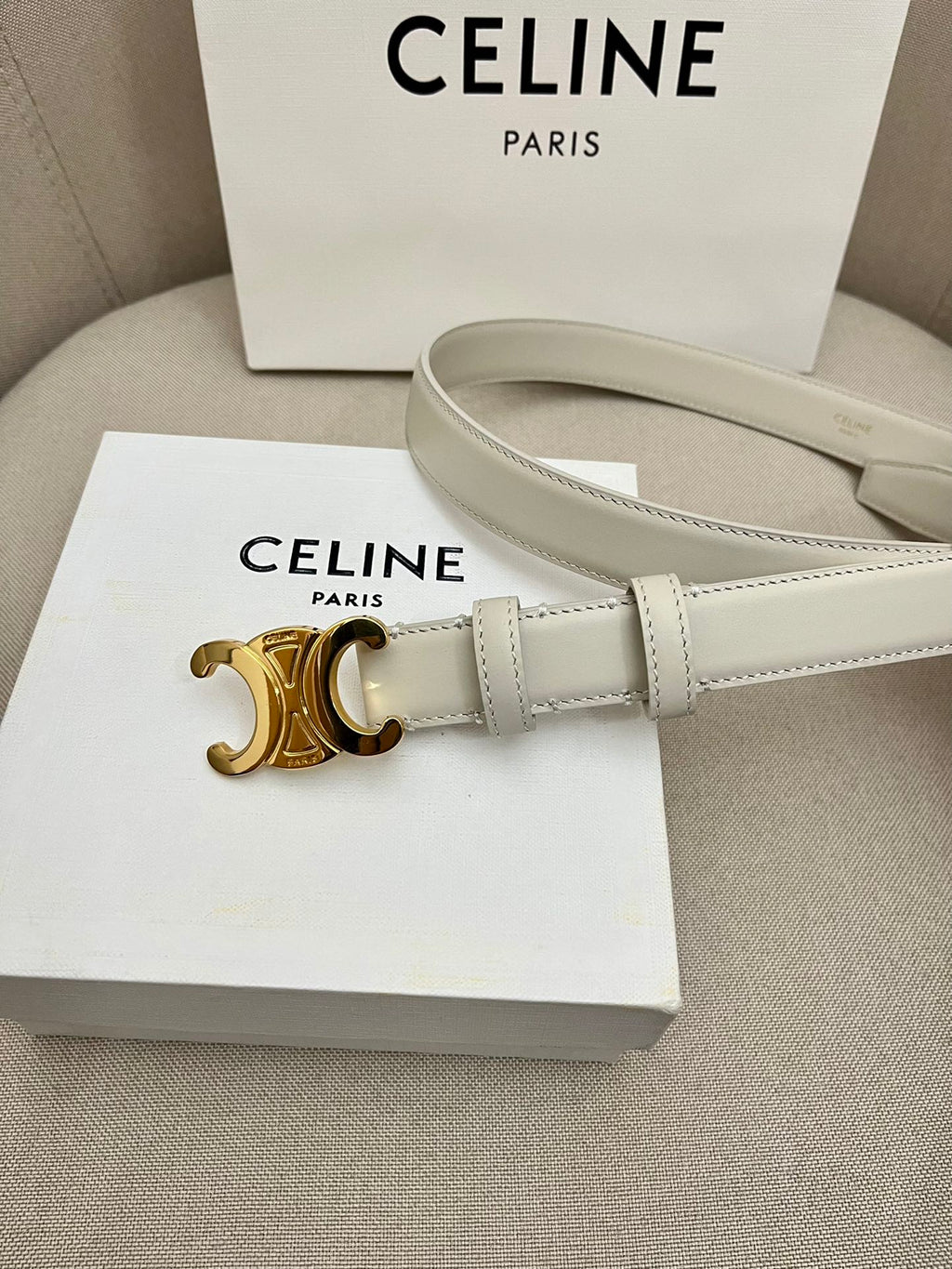 CELINE 25S TRIOMPHE 25MM BELT IN WHITE CALFSKIN GOLD HARDWARE