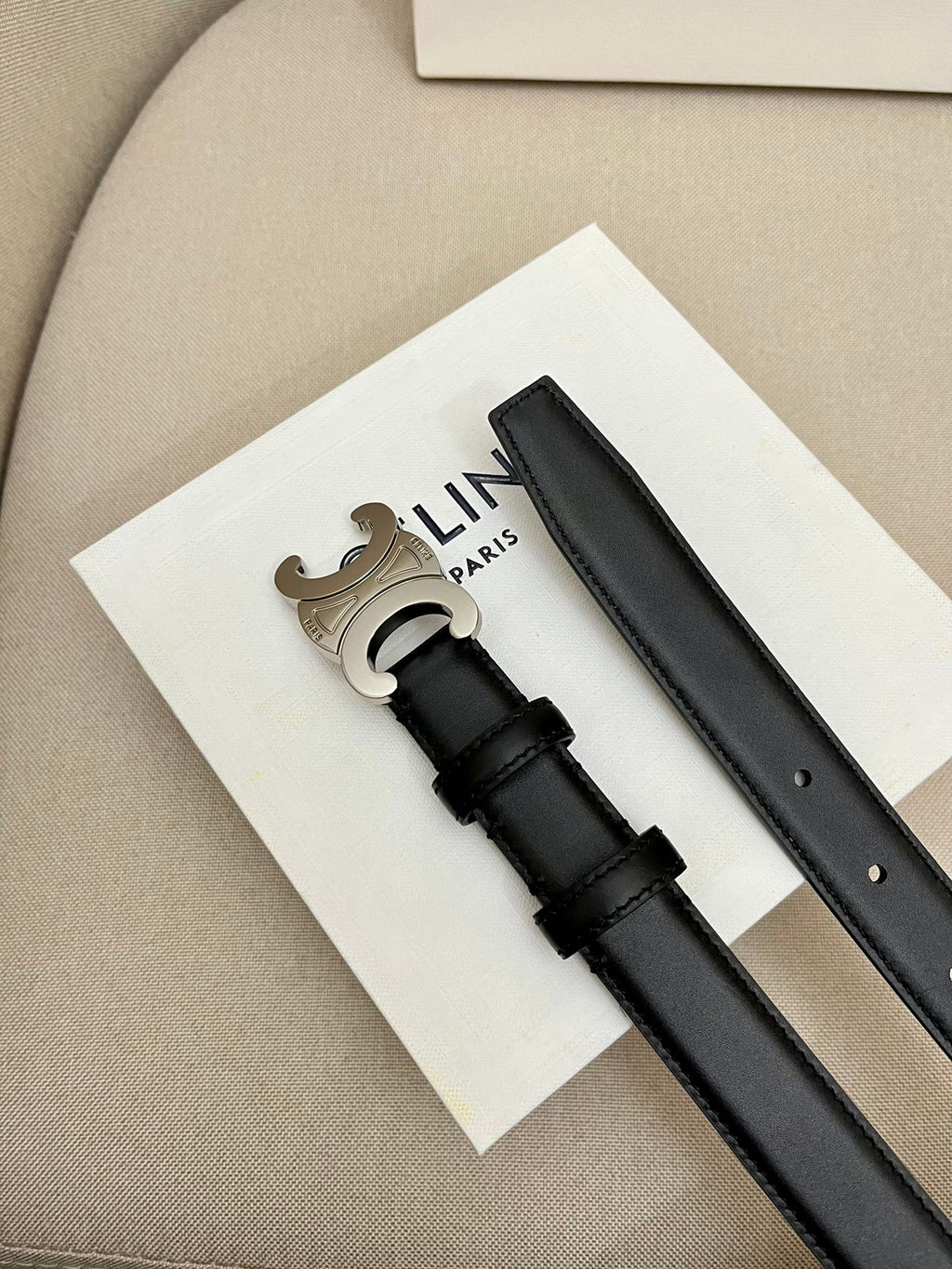 CELINE 25S TRIOMPHE 25MM BELT IN BLACK CALFSKIN SILVER HARDWARE
