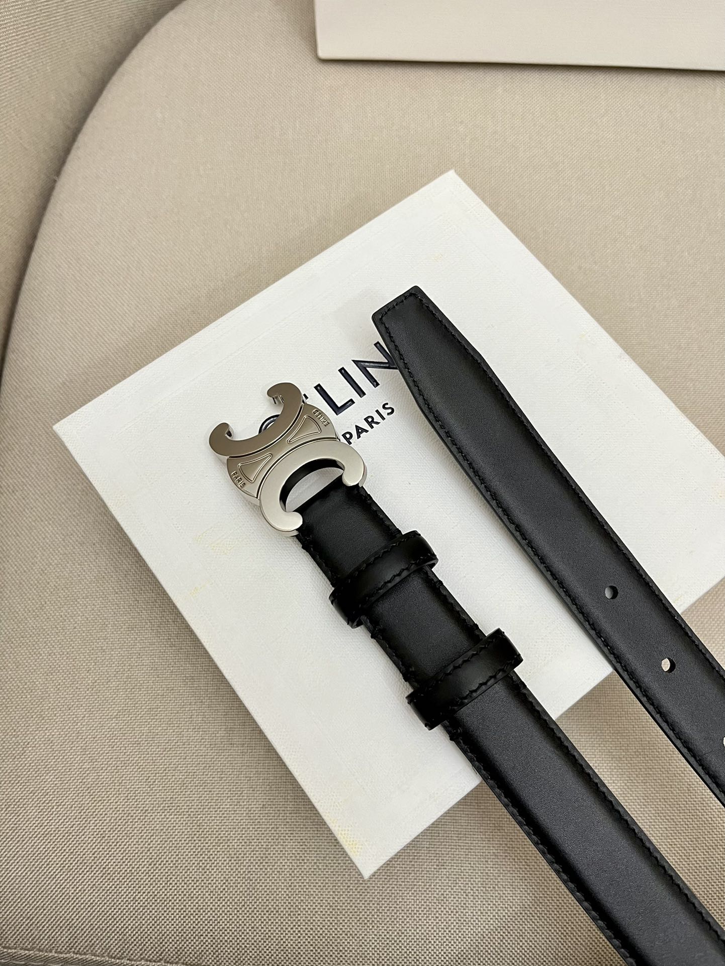 CELINE 25S TRIOMPHE 25MM BELT IN BLACK CALFSKIN SILVER HARDWARE