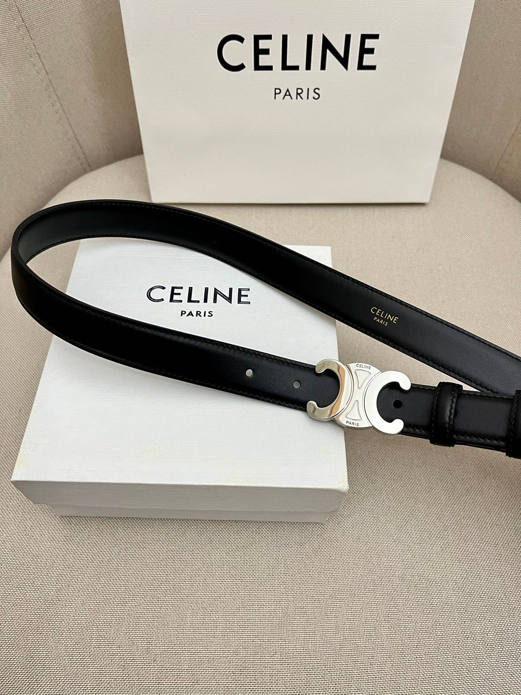 CELINE 25S TRIOMPHE 25MM BELT IN BLACK CALFSKIN SILVER HARDWARE