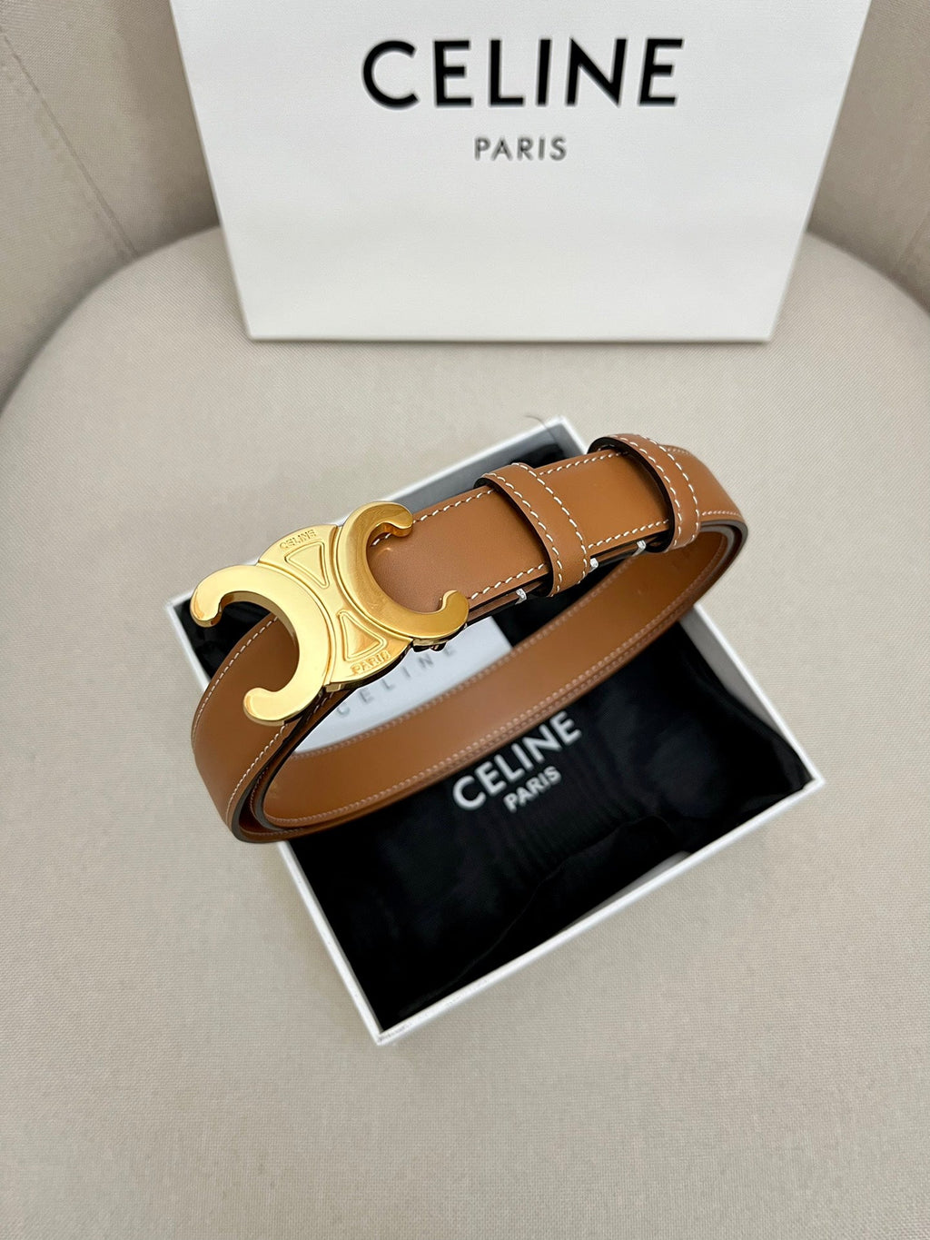 CELINE 25S TRIOMPHE 25MM BELT IN CARAMEL CALFSKIN GOLD HARDWARE
