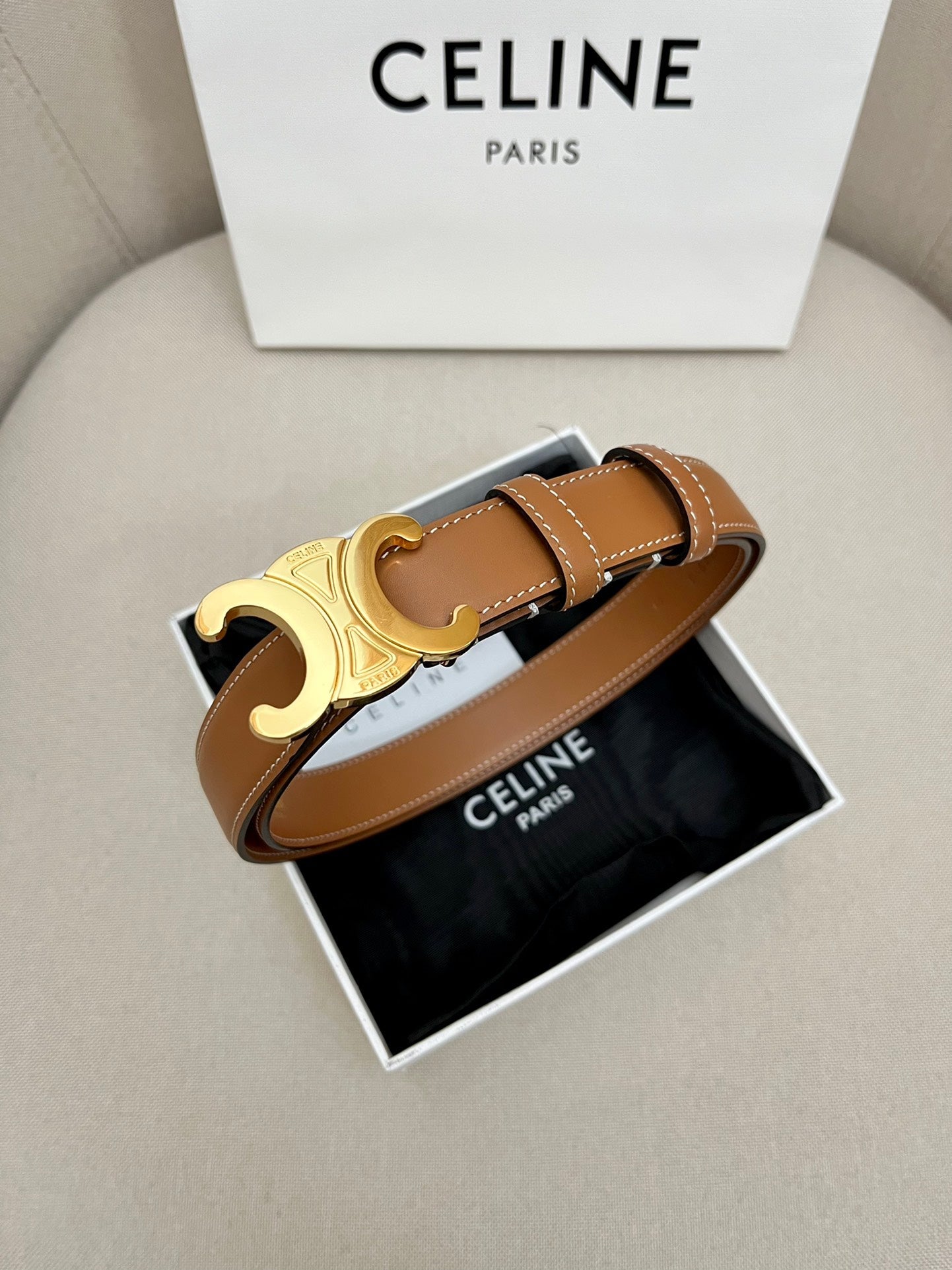 CELINE 25S TRIOMPHE 25MM BELT IN CARAMEL CALFSKIN GOLD HARDWARE