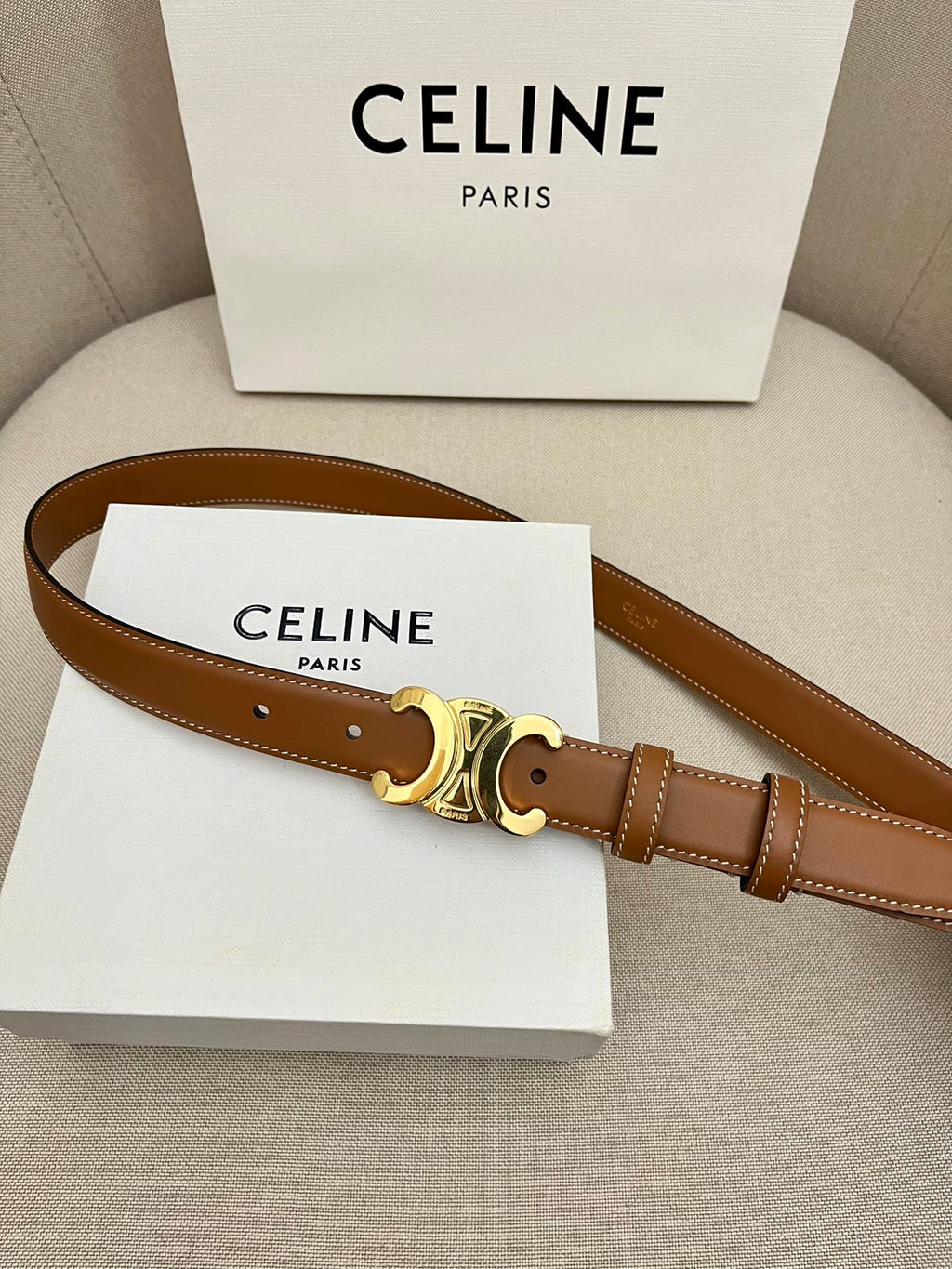 CELINE 25S TRIOMPHE 25MM BELT IN CARAMEL CALFSKIN GOLD HARDWARE