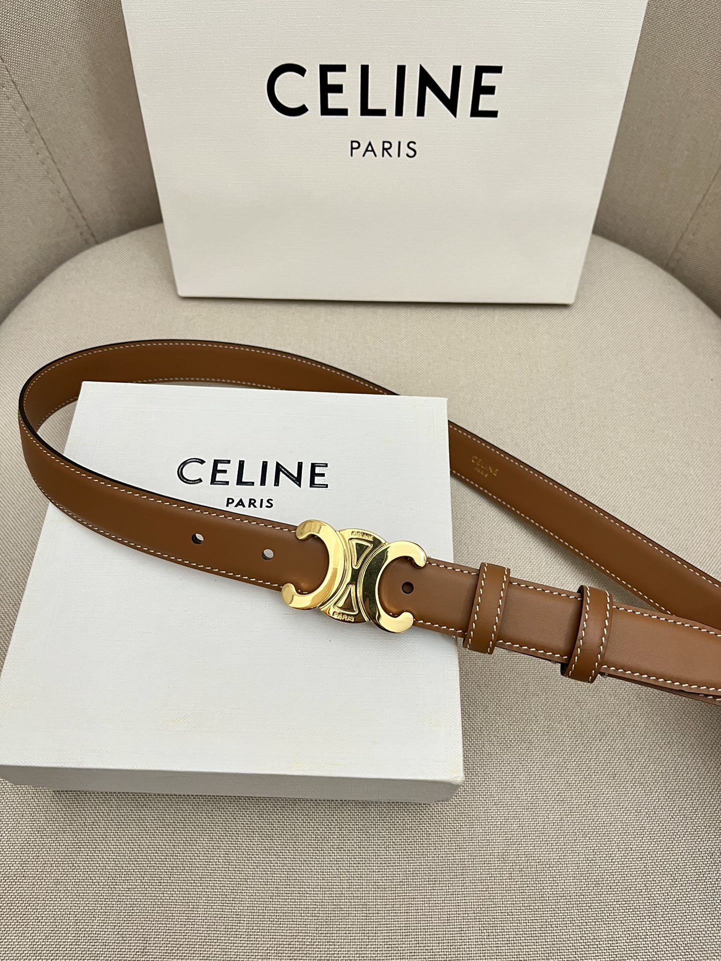 CELINE 25S TRIOMPHE 25MM BELT IN CARAMEL CALFSKIN GOLD HARDWARE