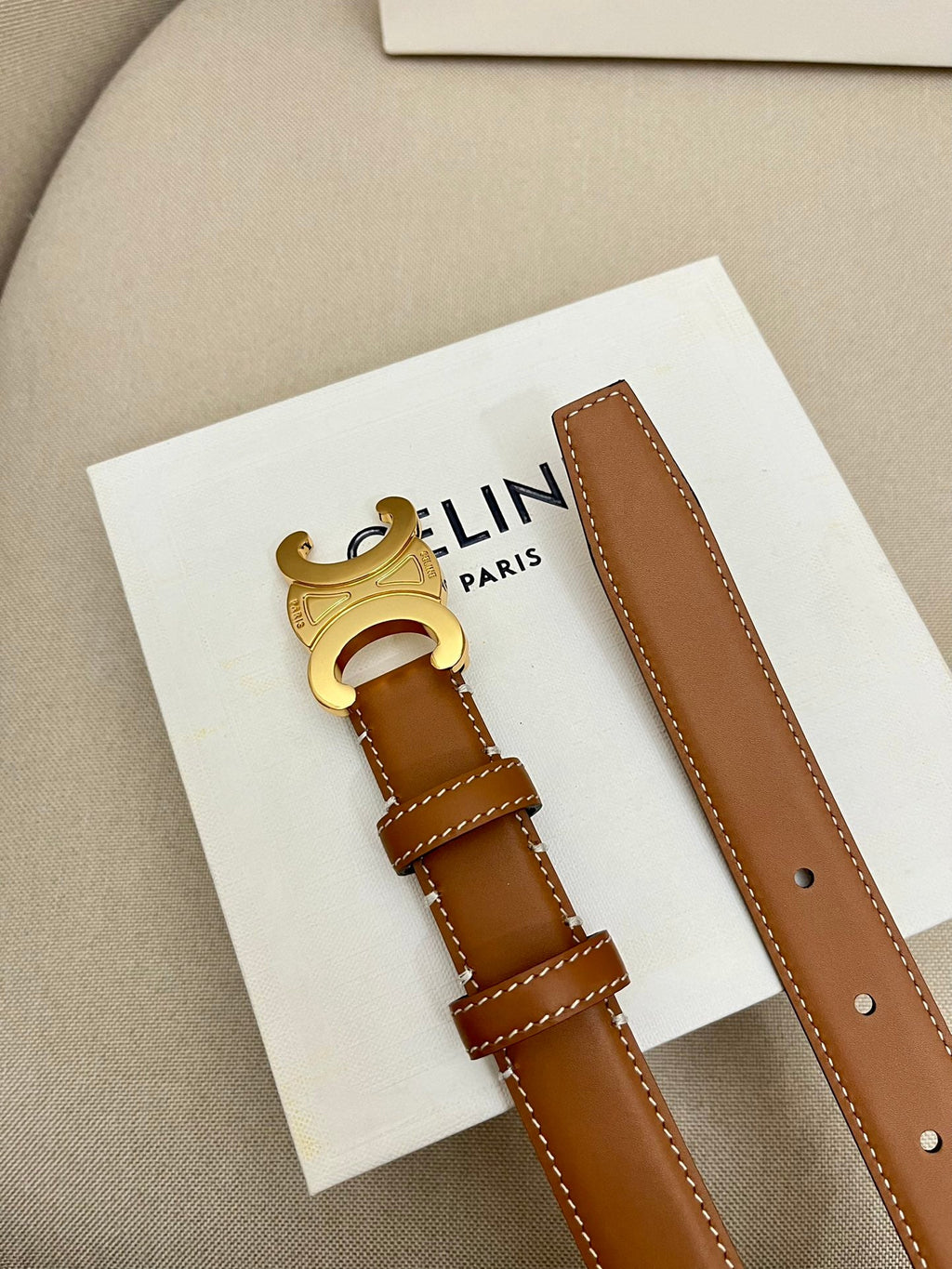 CELINE 25S TRIOMPHE 25MM BELT IN CARAMEL CALFSKIN GOLD HARDWARE