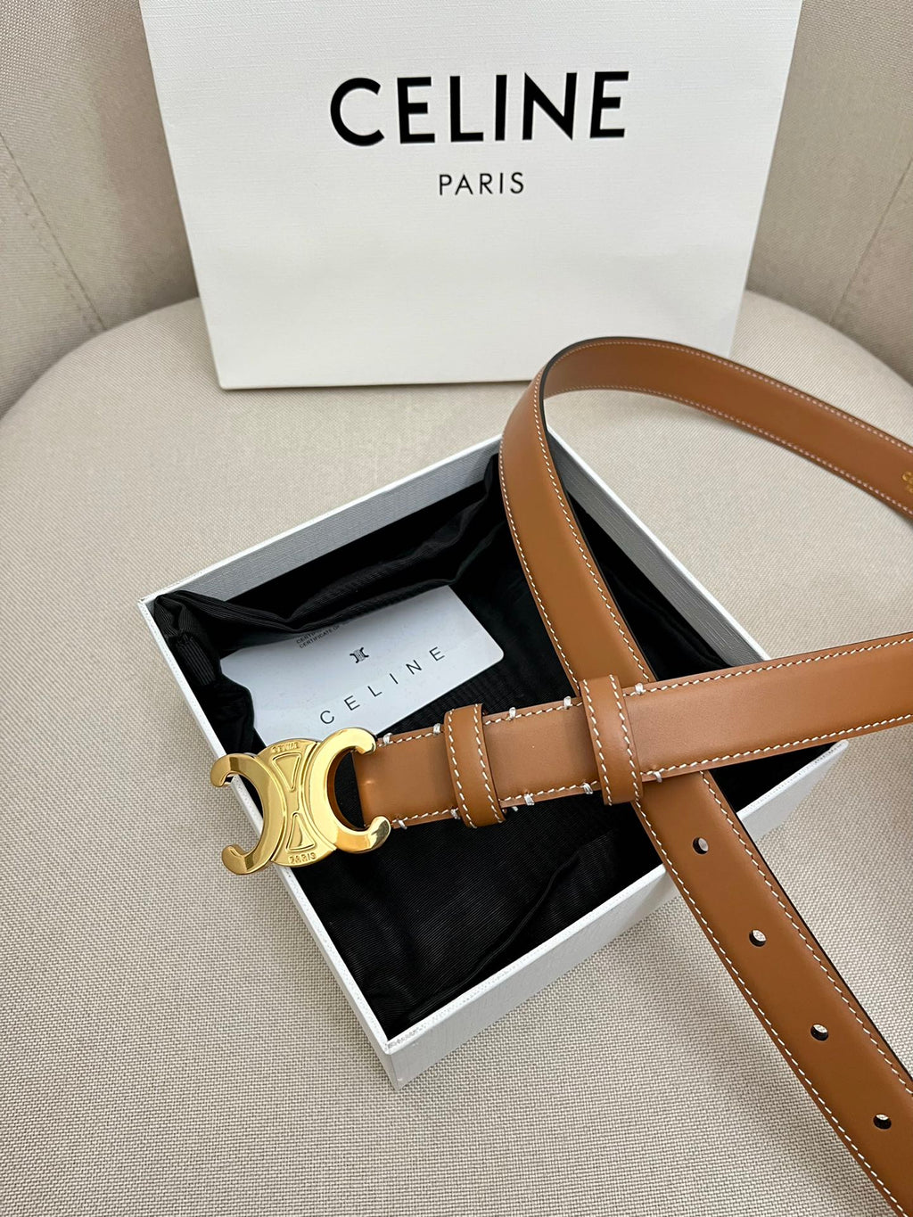 CELINE 25S TRIOMPHE 25MM BELT IN CARAMEL CALFSKIN GOLD HARDWARE