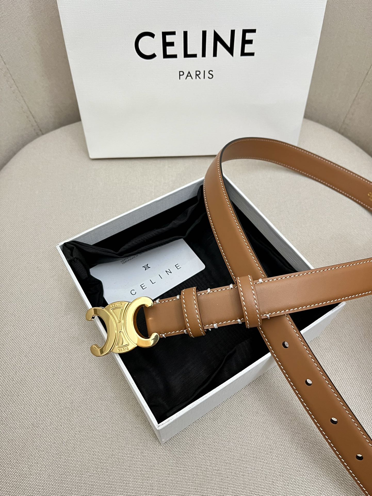 CELINE 25S TRIOMPHE 25MM BELT IN CARAMEL CALFSKIN GOLD HARDWARE