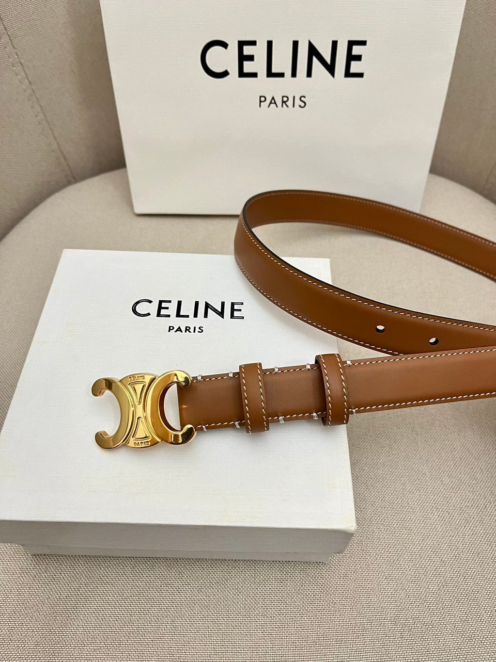 CELINE 25S TRIOMPHE 25MM BELT IN CARAMEL CALFSKIN GOLD HARDWARE