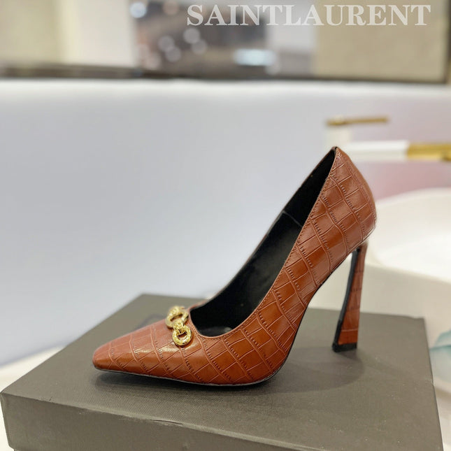 SL SILVANA CROCODILE MOTIF CHAIN PUMPS BROWN CALFSKIN
