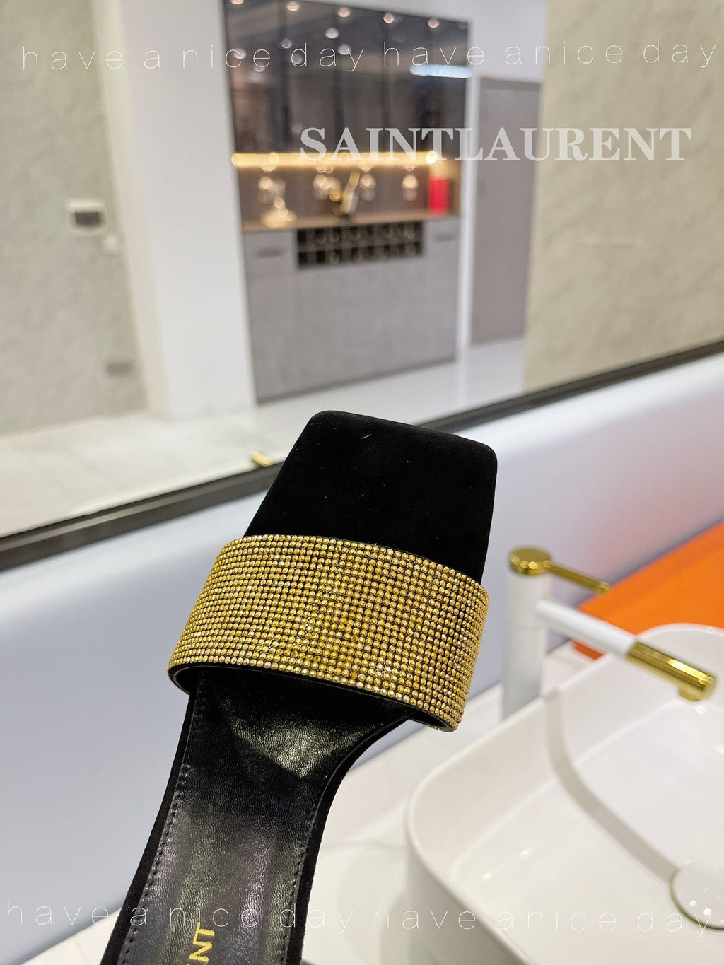 SL LUCKY GOLD CRYSTAL HIGH HEELS BLACK CALFSKIN