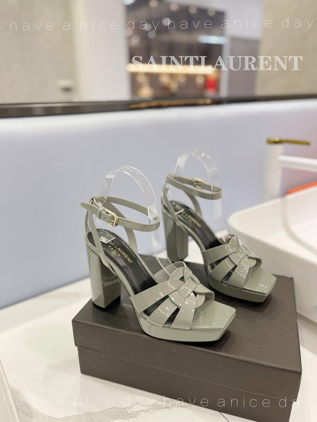 SL TRIBUTE FLATFORM SANDALS GLOSSY SAGE CALFSKIN