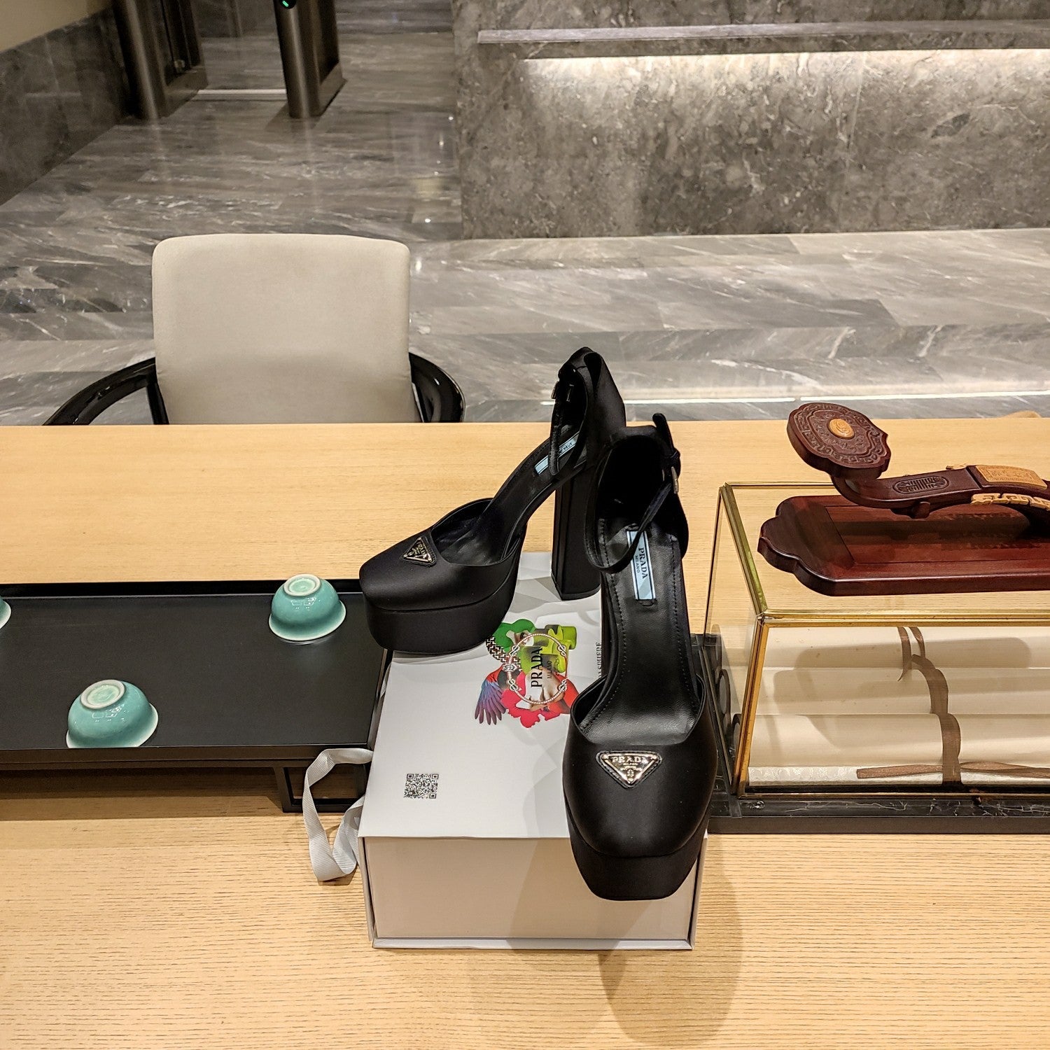 PRADA 26S PLATFORM ANKLE STRAP PUMPS 135MM IN BLACK SATIN