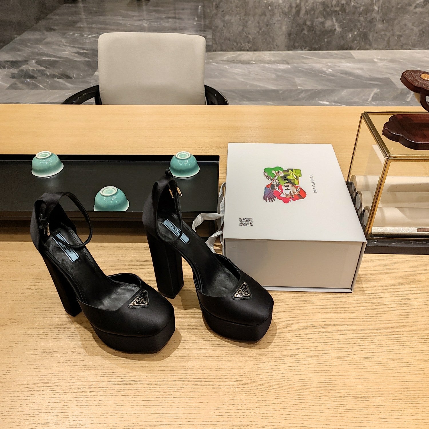 PRADA 26S PLATFORM ANKLE STRAP PUMPS 135MM IN BLACK SATIN