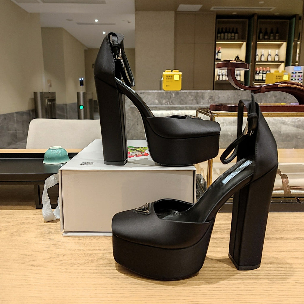PRADA 26S PLATFORM ANKLE STRAP PUMPS 135MM IN BLACK SATIN
