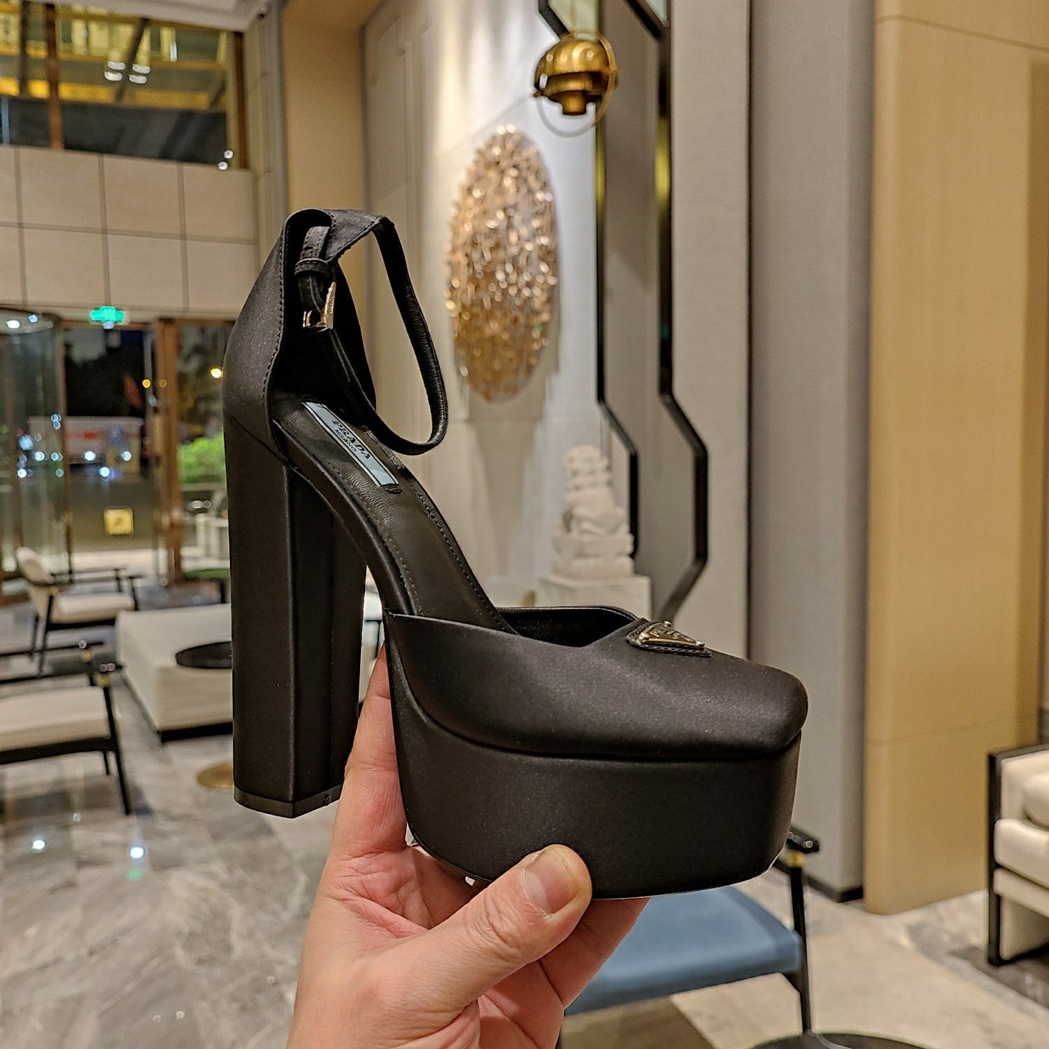 PRADA 26S PLATFORM ANKLE STRAP PUMPS 135MM IN BLACK SATIN